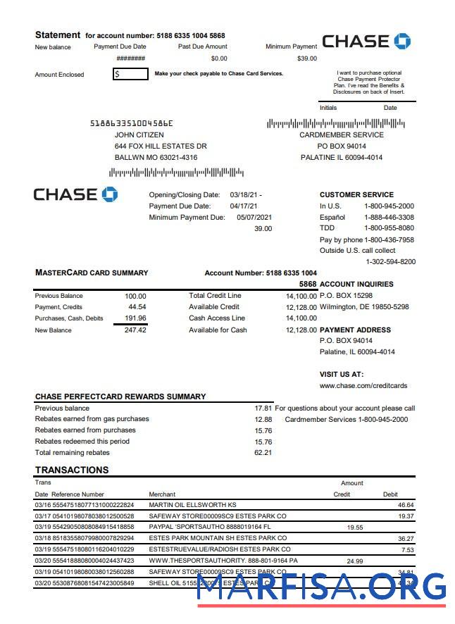 США Chase Банковский Mastercard Карта Выписка из банка Word дизайн