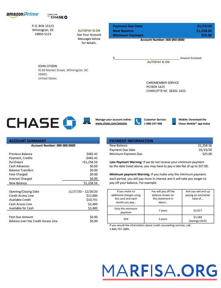 США Chase Банковский Кредит Карта Выписка из банка Word дизайн