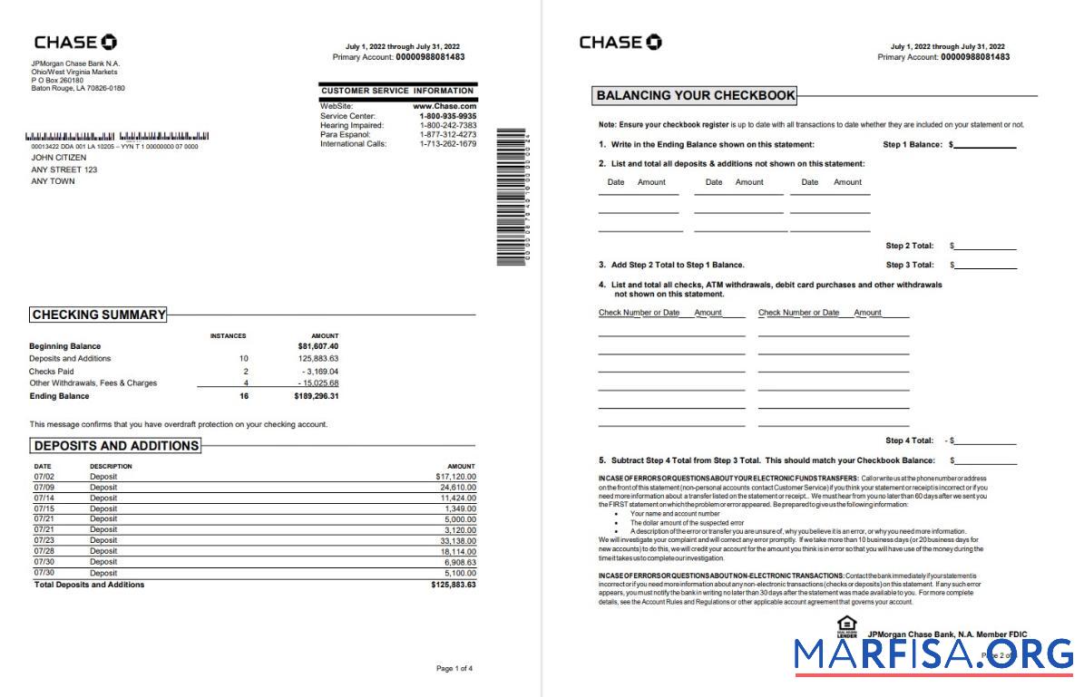 США Chase Банковский Выписка из банка Word 4 pages макет
