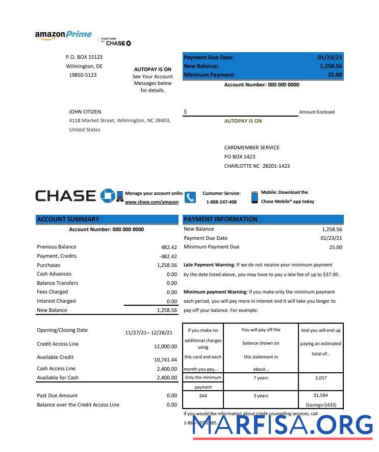 США Chase Кредит Карта Выписка из банка Word макет