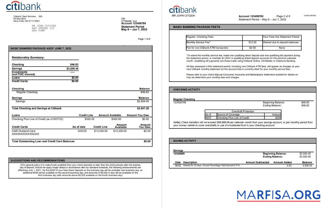 США Citibank Банковский Выписка из банка Word 6 pages макет