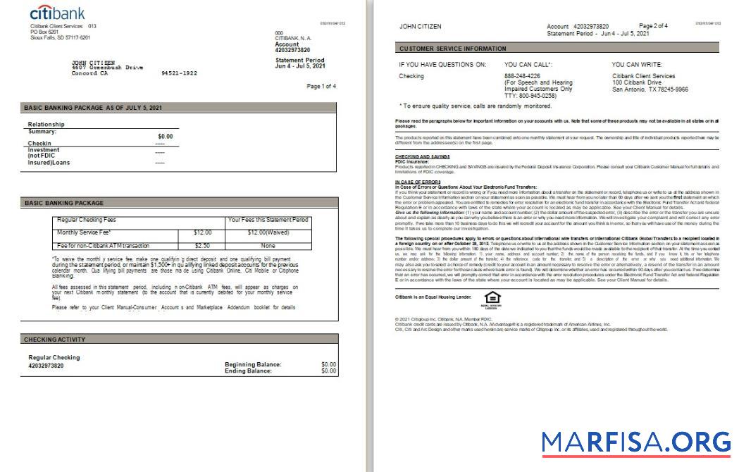 США Citibank Выписка из банка Word 3 pages образец