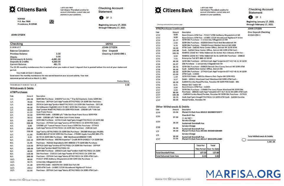 США Citizens Банковский Выписка из банка Excel макет