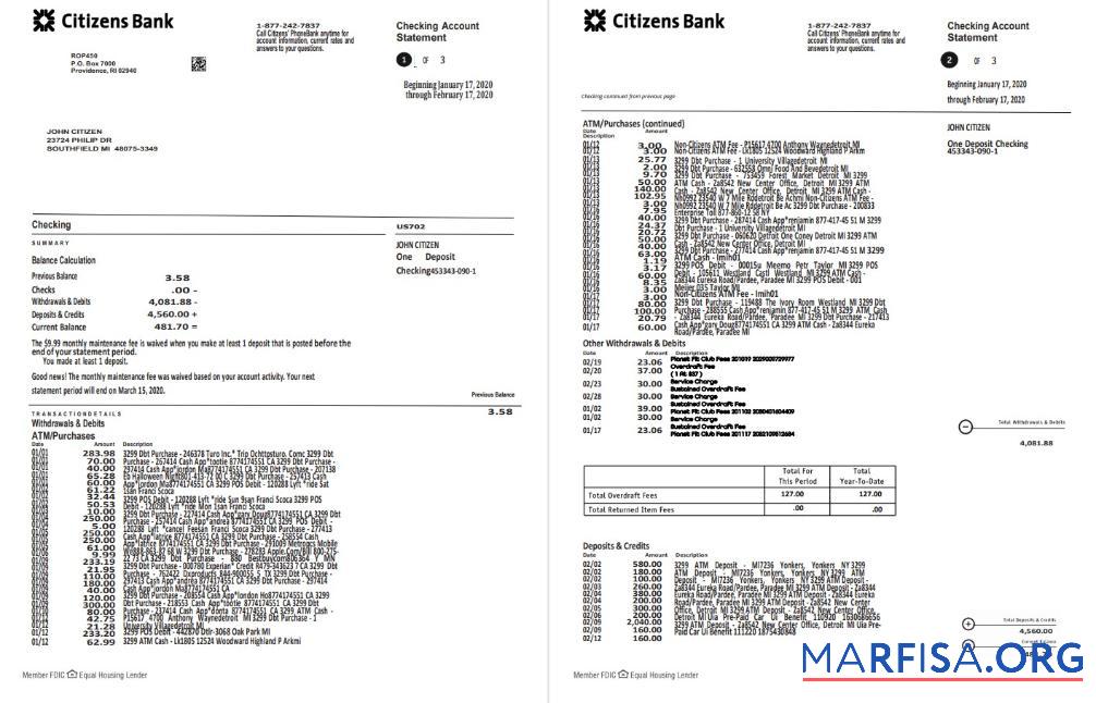 США Citizens Банковский Выписка из банка Word (4 pages) образец