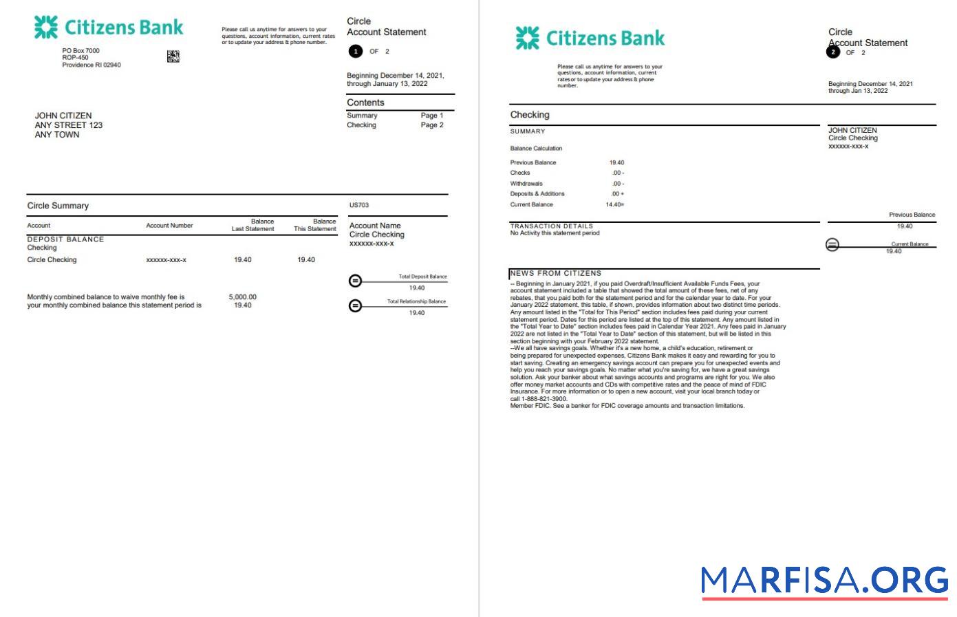 США Citizens Банковский Выписка из банка Word 4 pages образец
