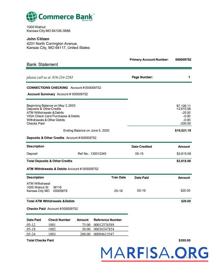 США Commerce Банковский proof of address Выписка из банка Word макет