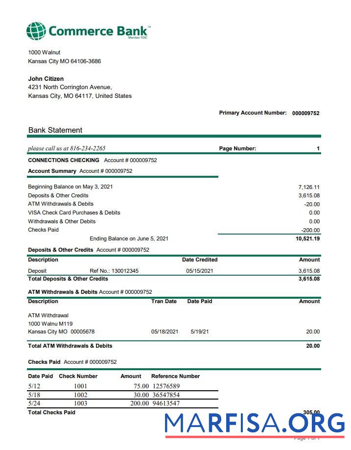 США Commerce Банковский Выписка из банка Excel шаблон