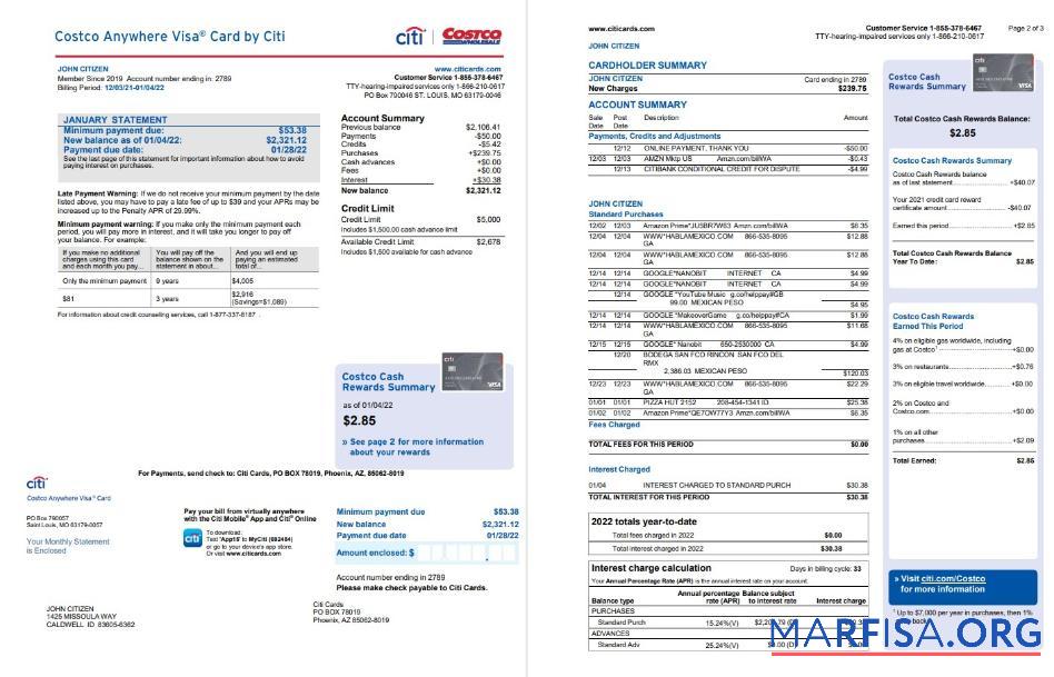 США Costco Anywhere Виза Карта by Citi Банковский Выписка из банка Word 4 pages образец