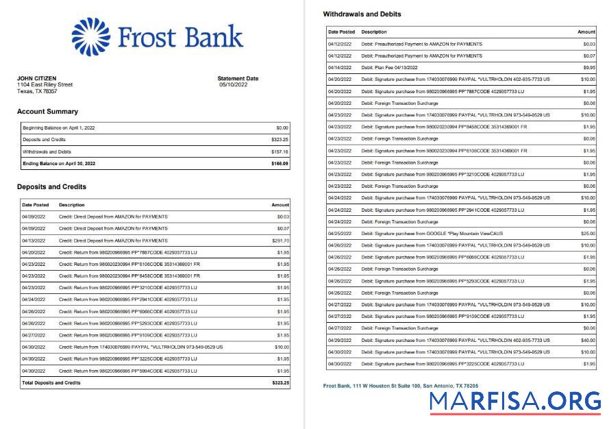 США Frost Банковский Выписка из банка Word 2 pages предпросмотр