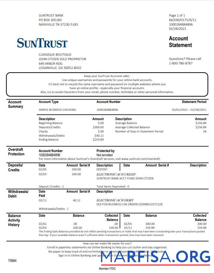 США Грузия SunTrust Банковский proof of address Выписка из банка Word шаблон