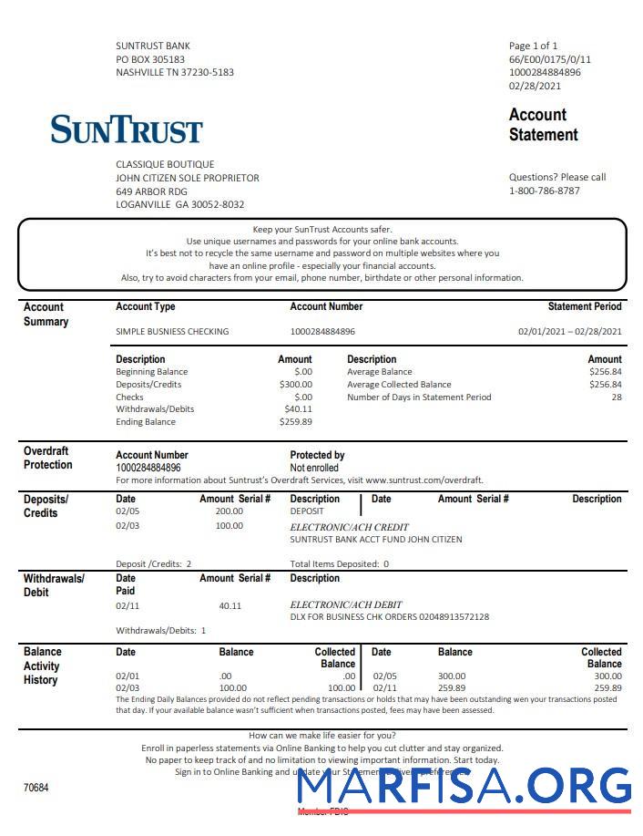 США Грузия SunTrust Банковский Выписка из банка Word дизайн