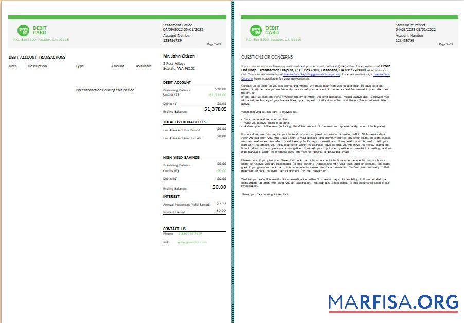 США зелёный Dot Банковский Выписка из банка Word 3 pages макет
