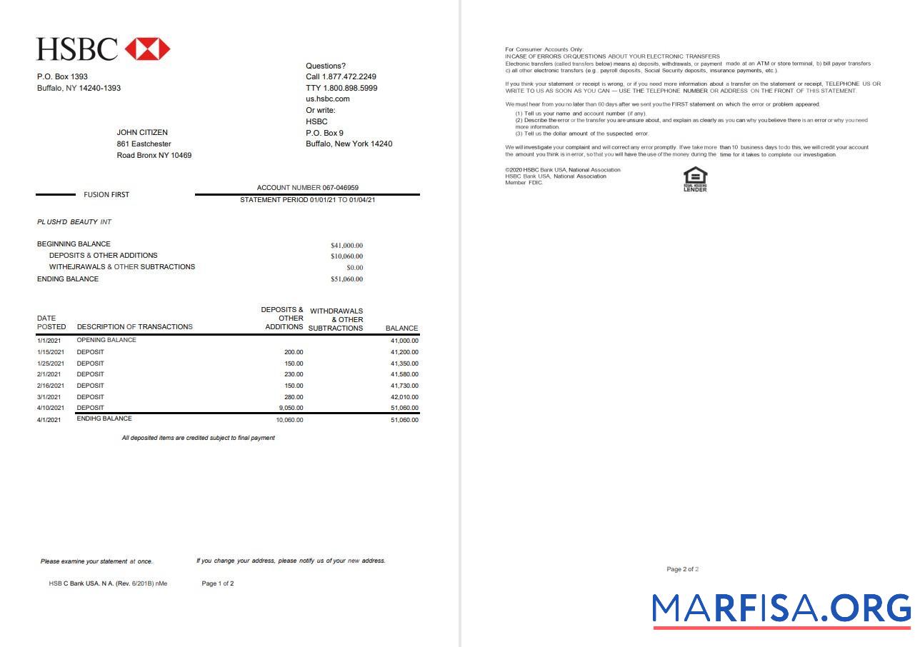 США HSBC Банковский Выписка из банка 2 pages Версия 2 Excel шаблон