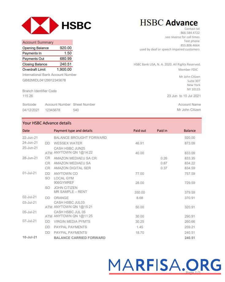 США HSBC Банковский Выписка из банка Excel образец