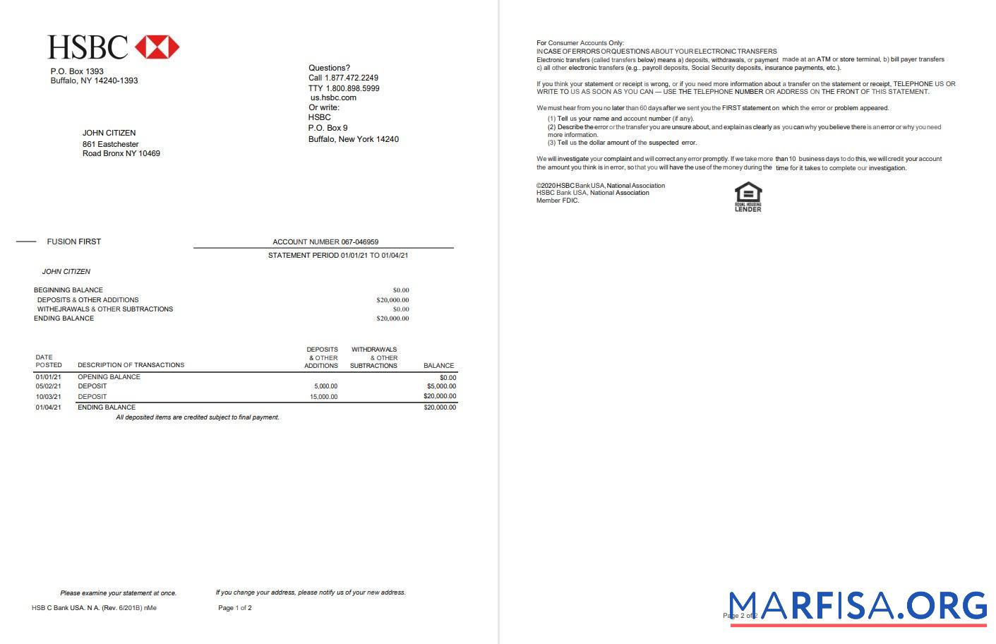 США HSBC Банковский Выписка из банка Word 2 pages Версия 2 образец