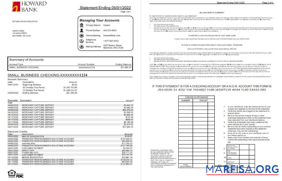 США Howard Банковский Выписка из банка Word 4 pages шаблон