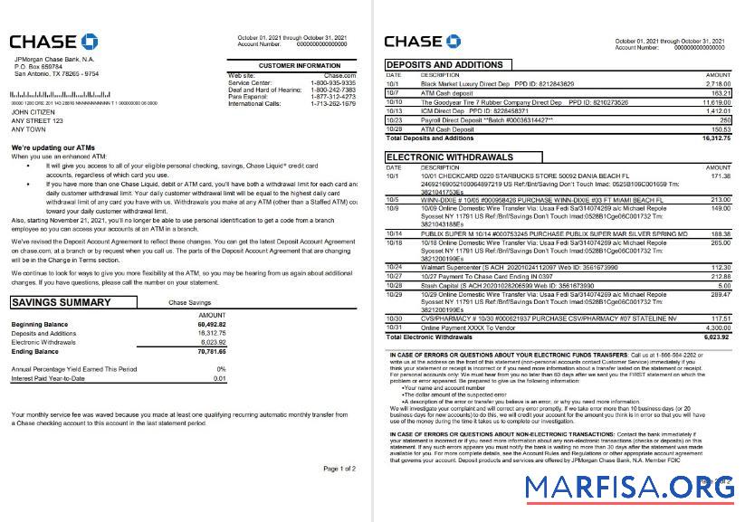 США JPMorgan Chase Банковский Выписка из банка 2 pages Word макет