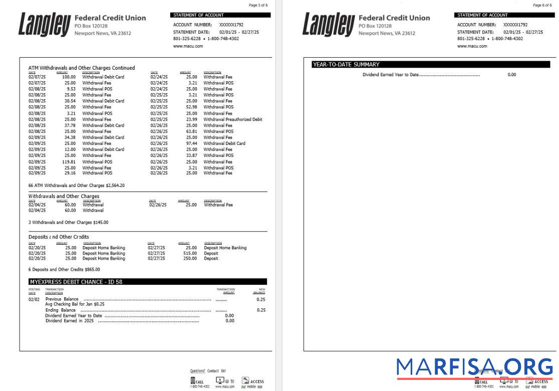 США Langley Federal Кредит союз Банковский Выписка из банка Word 6 pages 3 образец