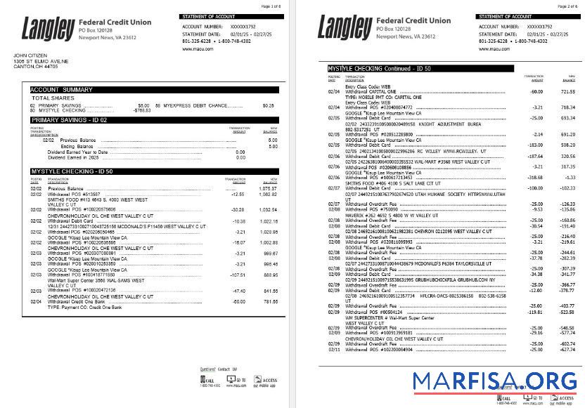 США Langley Federal Кредит союз Банковский Выписка из банка Word 6 pages макет