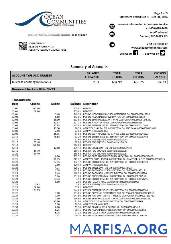 США Maine Ocean Communities Federal Кредит союз Банковский Выписка из банка Word 3 pages макет