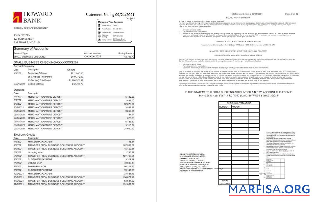 США Maryland Howard Бизнес Банковский Выписка из банка Excel (4 pages) шаблон