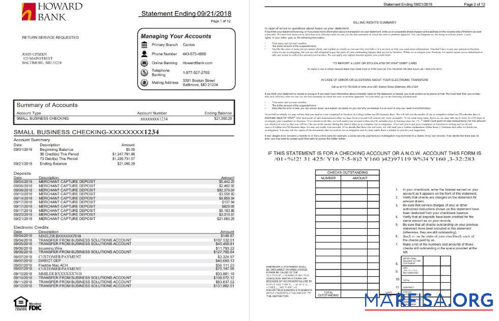 США Maryland Howard Бизнес Банковский Выписка из банка Word (4 pages) дизайн