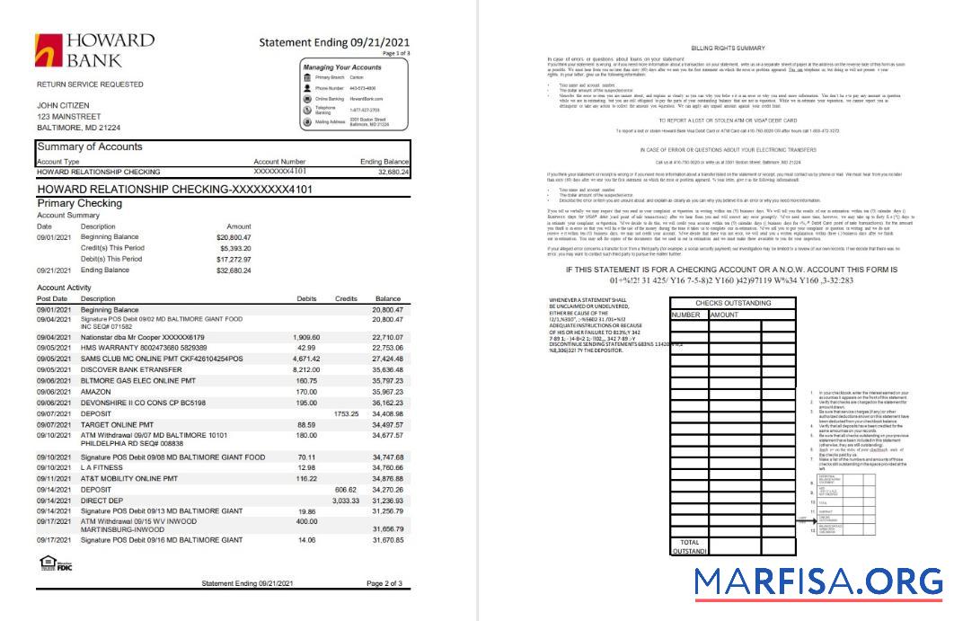 США Maryland Howard Personal Банковский Выписка из банка Excel (4 pages) предпросмотр