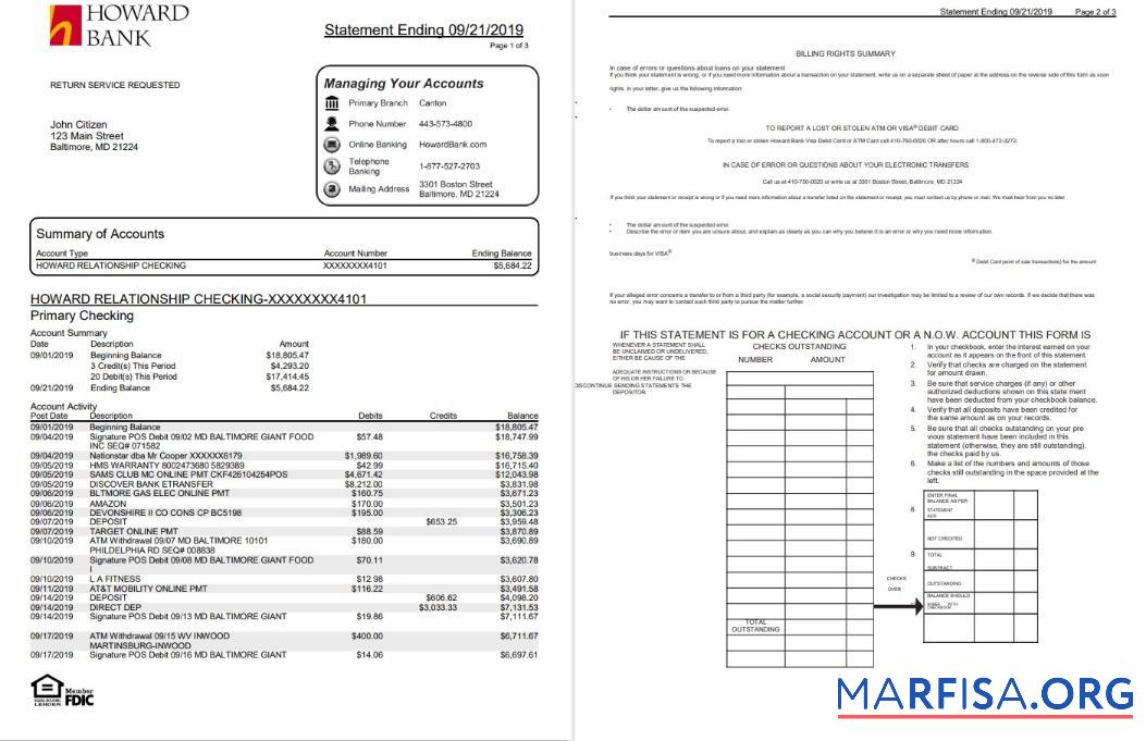 США Maryland Howard Personal proof of address Банковский Выписка из банка Word (4 pages) предпросмотр