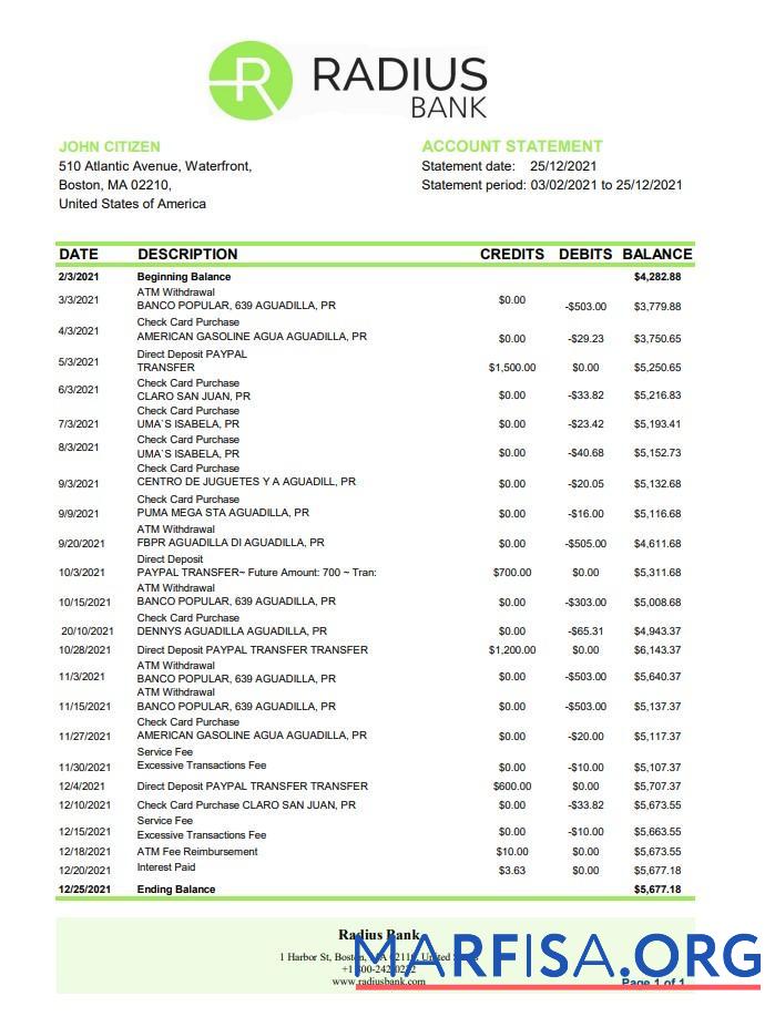 США Massachusetts Radius Банковский Выписка из банка Excel шаблон