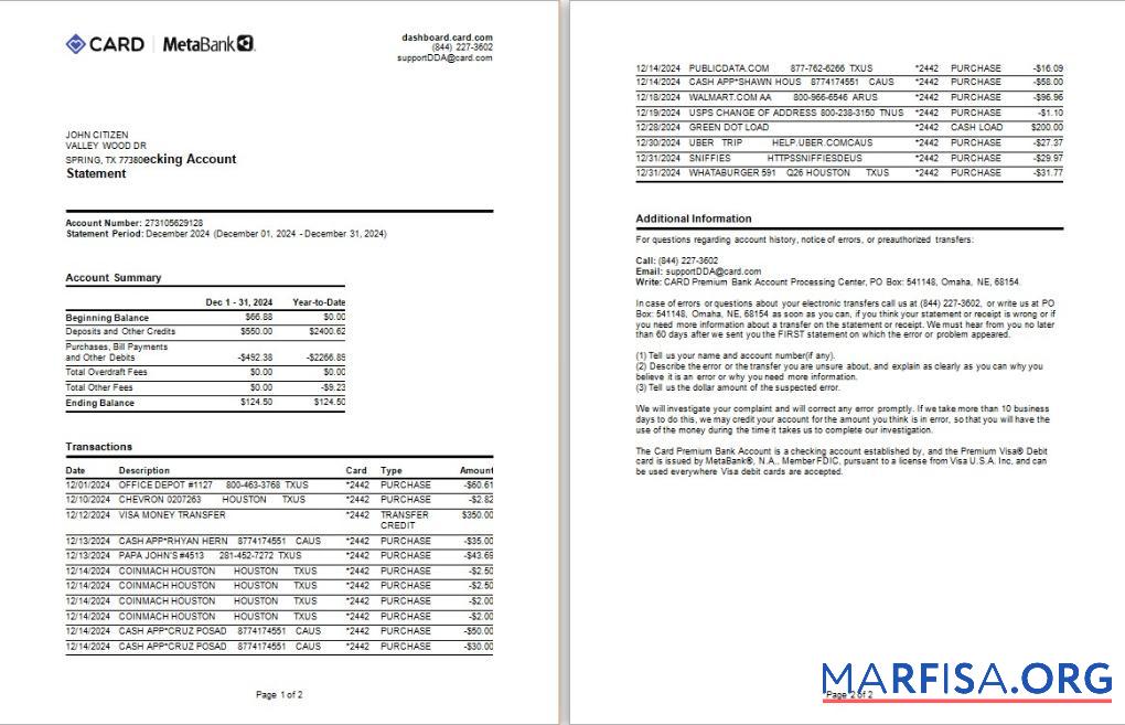 США Meta Банковский Карта Выписка из банка Word 2 pages дизайн