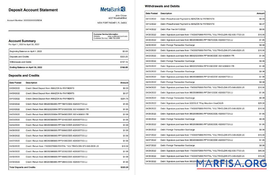 США Metabank Депозит Аккаунт Выписка из банка Word 3 pages макет