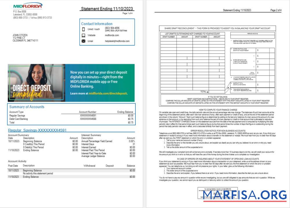 США MidFlorida Банковский Выписка из банка Word 3 pages 1 2 дизайн