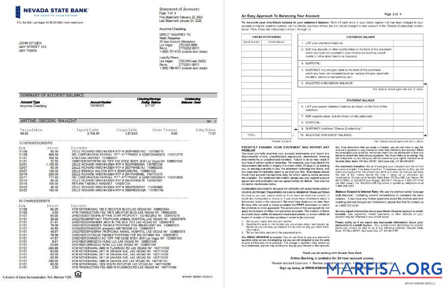 США Nevada State Банковский anytime checking Банковский Выписка из банка Word 4 pages шаблон