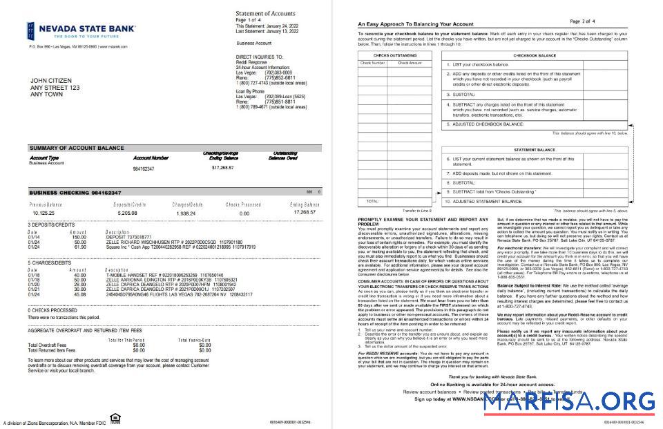 США Nevada State Банковский Бизнес checking Банковский Выписка из банка Word 4 pages дизайн