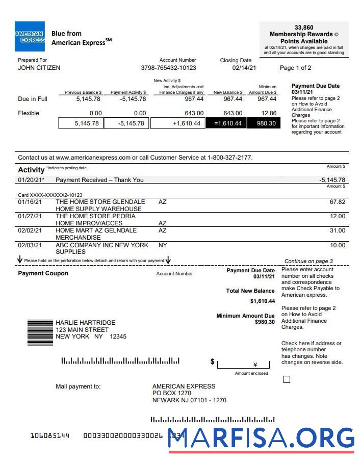 США Новый York American Express синий Банковский Выписка из банка Word образец