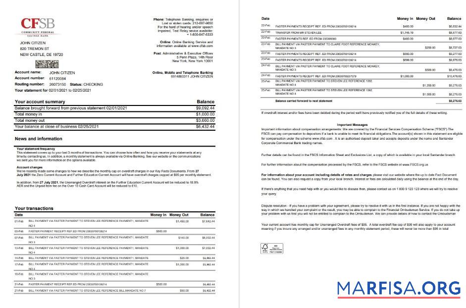 США Новый York CFSB Банковский Выписка из банка 2 pages Excel образец