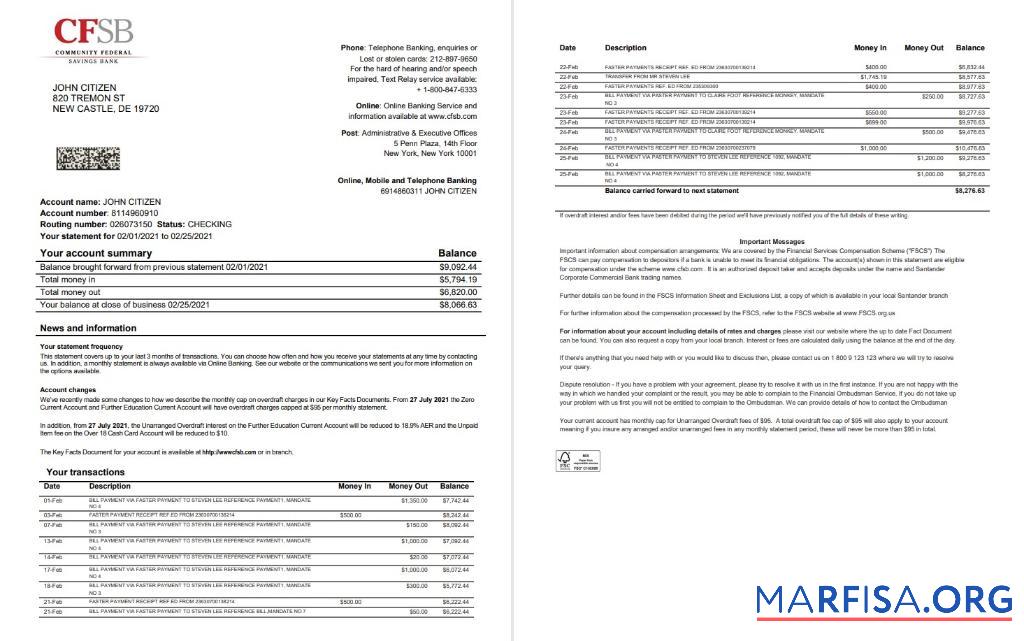 США Новый York CFSB Банковский Выписка из банка 2 pages Word макет