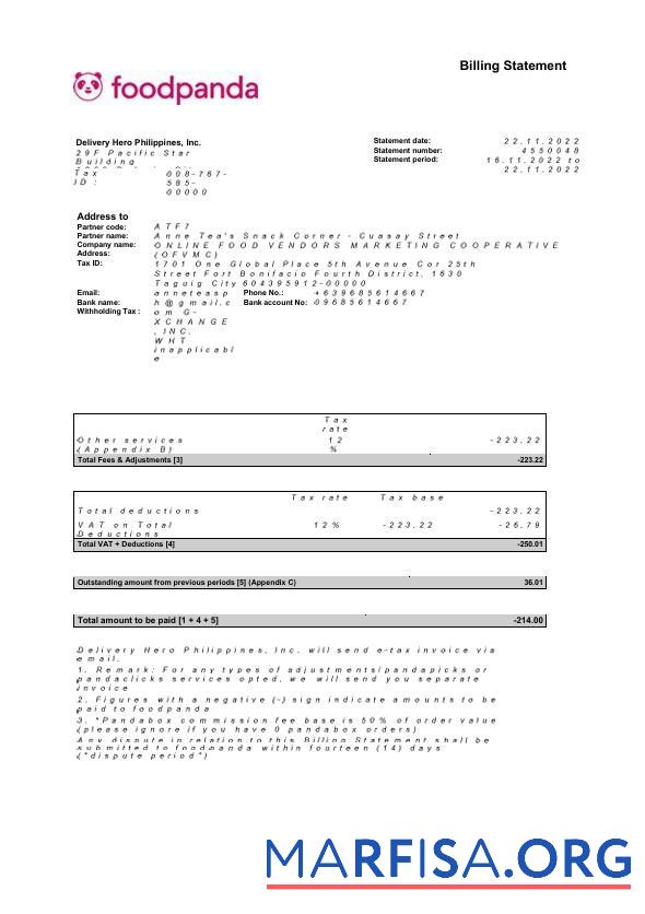 США Новый York Foodpanda billing Выписка из банка Word 4 pages дизайн
