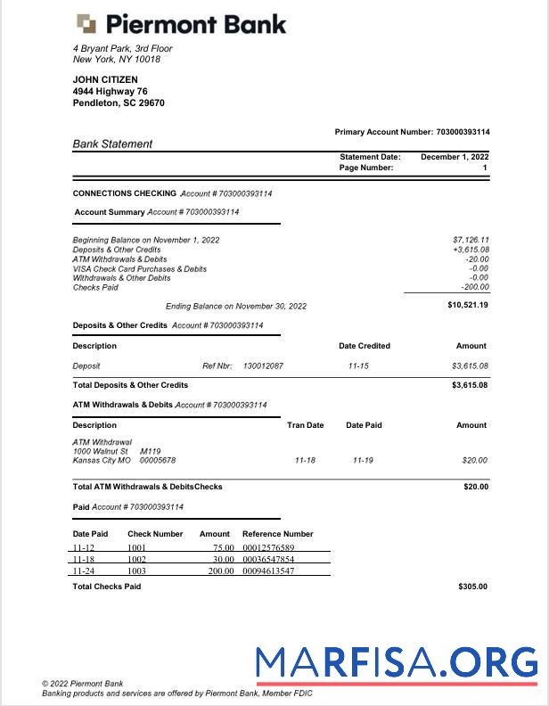 США Новый York Piermont Банковский Выписка из банка Word шаблон