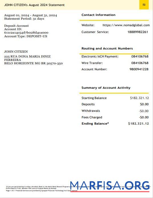 США Nomad Global Банковский Выписка из банка 3 ΓÇô 6 months Word шаблон
