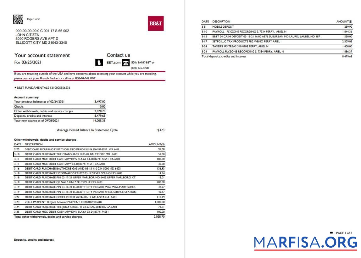 США North Carolina BB&T Corp. Банковский Выписка из банка Excel(2 pages) предпросмотр