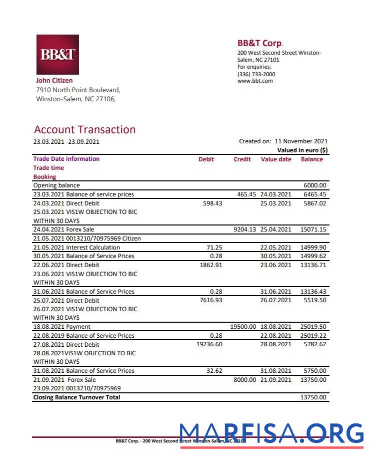 США North Carolina BB&T Corp. Банковский Выписка из банка Excel дизайн