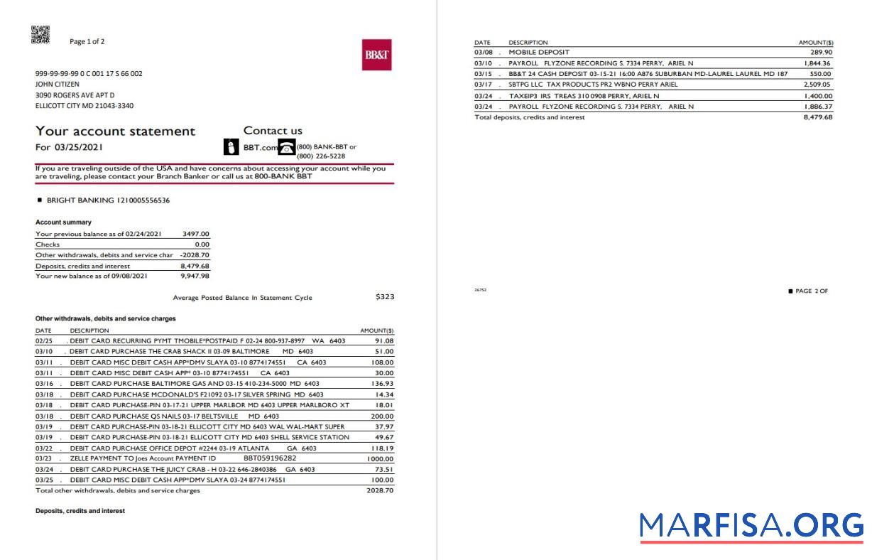 США North Carolina BB&T Corp. Банковский Выписка из банка Word (2 pages) шаблон