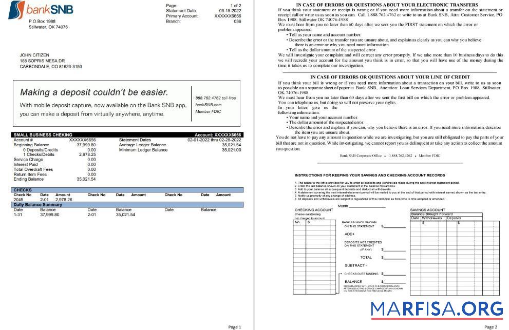 США Oklahoma SNB Банковский Выписка из банка Word 2 pages образец