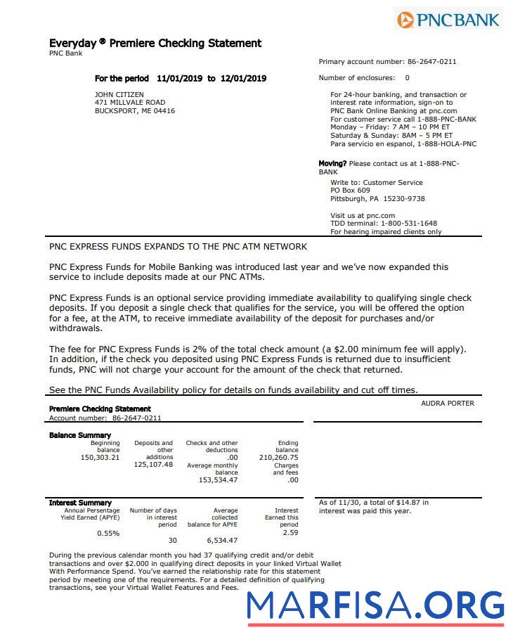 США PNC Банковский proof of address Выписка из банка Word макет