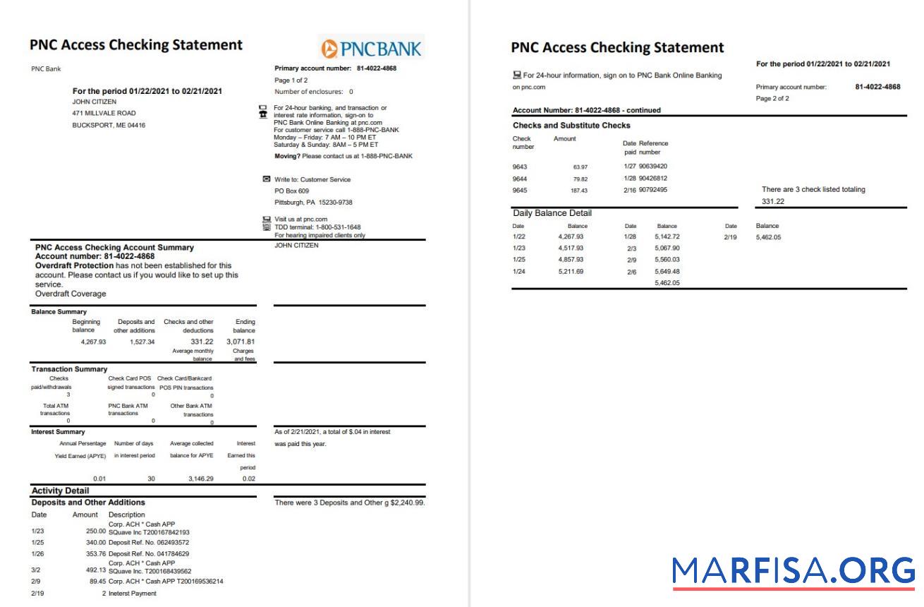 США PNC Банковский Выписка из банка 2 pages Excel предпросмотр