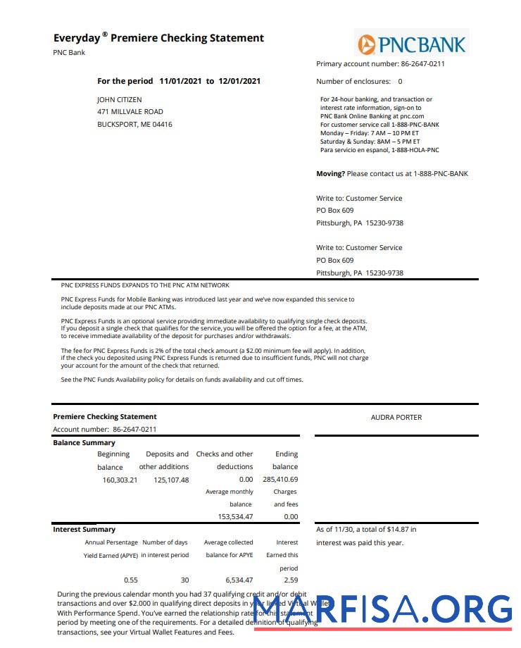 США PNC Банковский Выписка из банка Excel дизайн