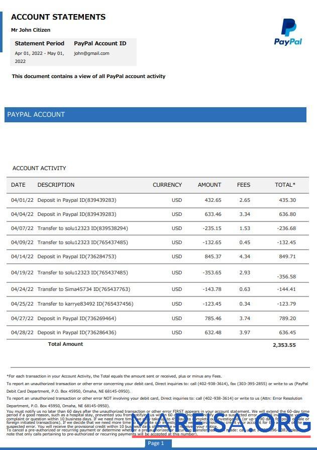 США PayPal Банковский Аккаунт Выписка из банка Word макет