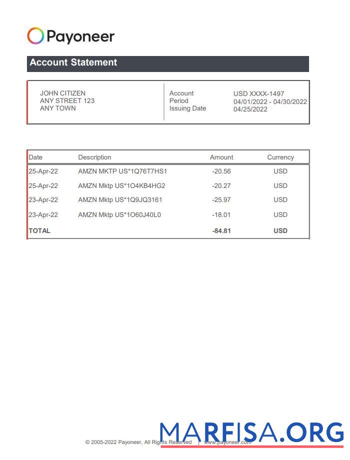 США Payoneer Банковский Выписка из банка Excel макет