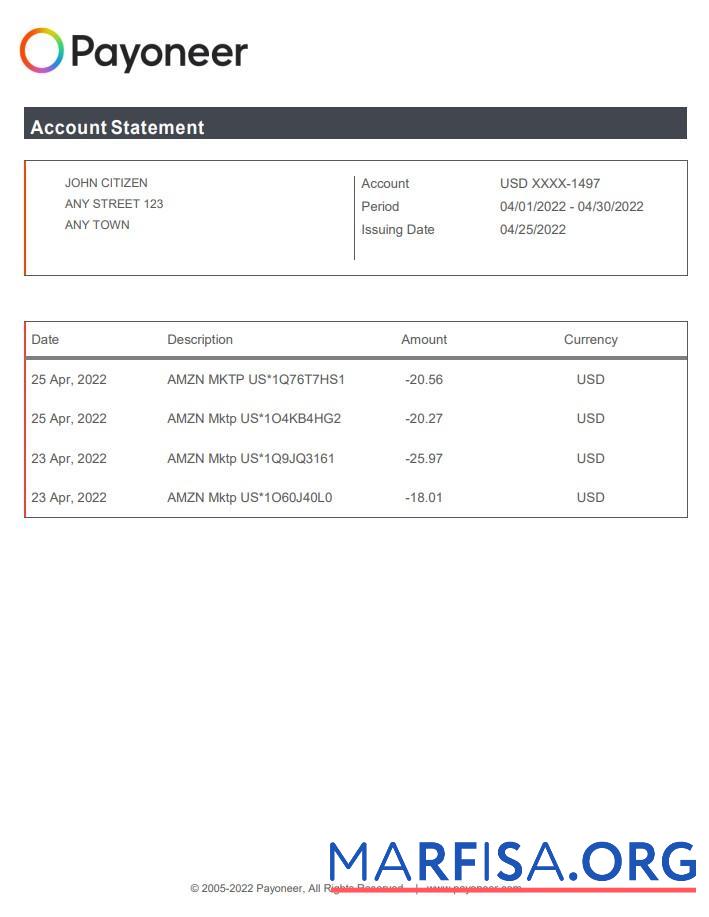 США Payoneer Банковский Выписка из банка Word макет